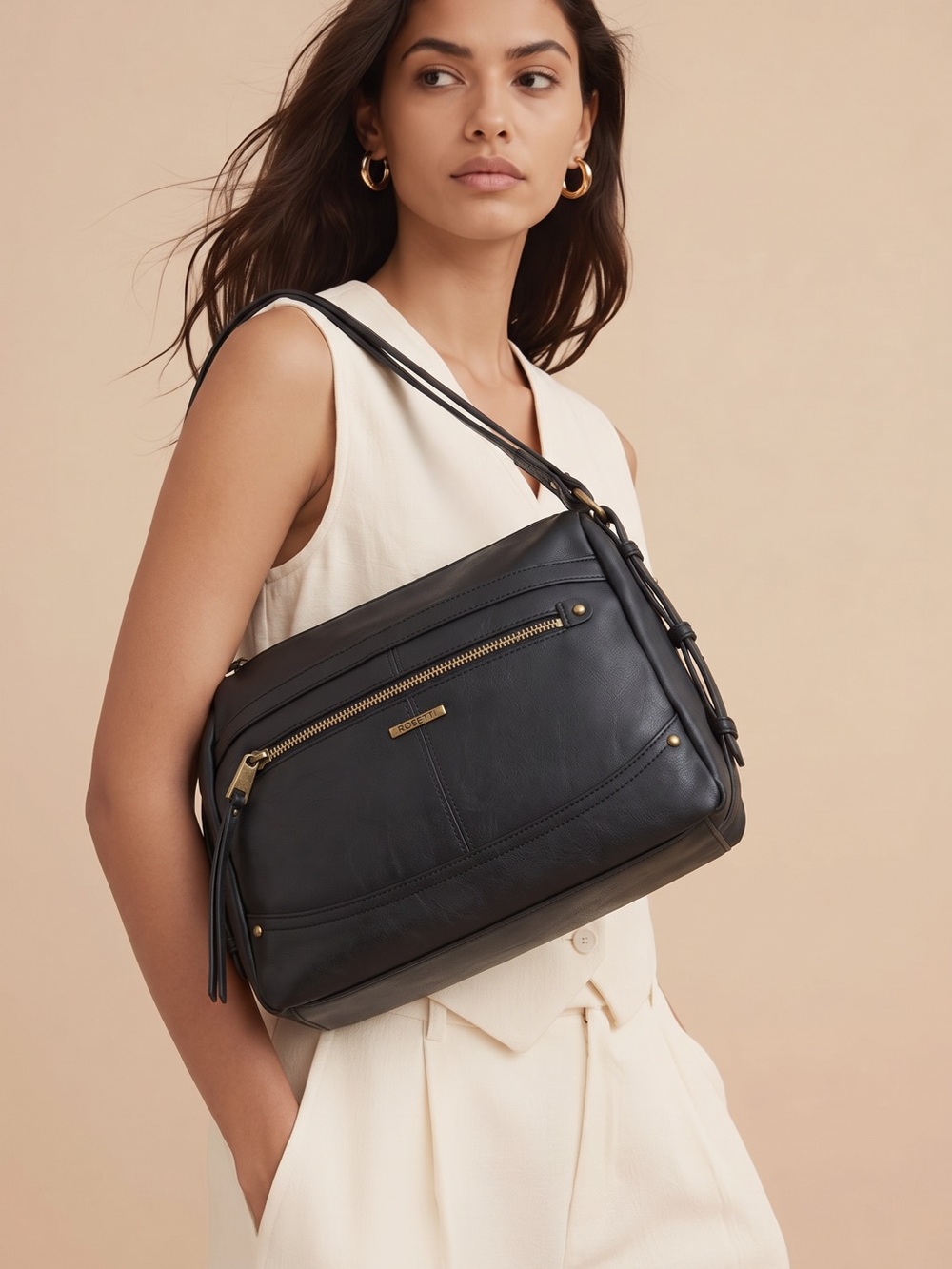 Rosetti Black Leather Shoulder Bag with Gold Hardware